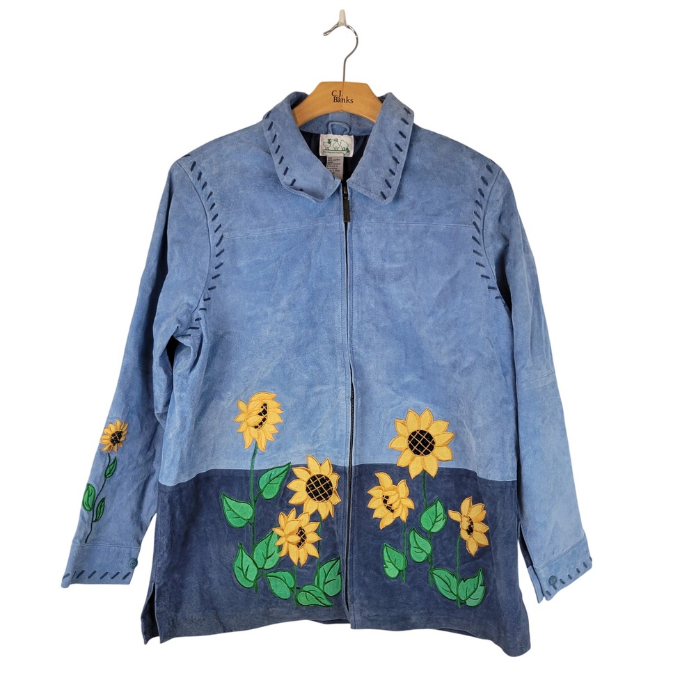 NEW The Quacker Factory Suede Jacket Coat Blue Sunflowers Size Extra Large